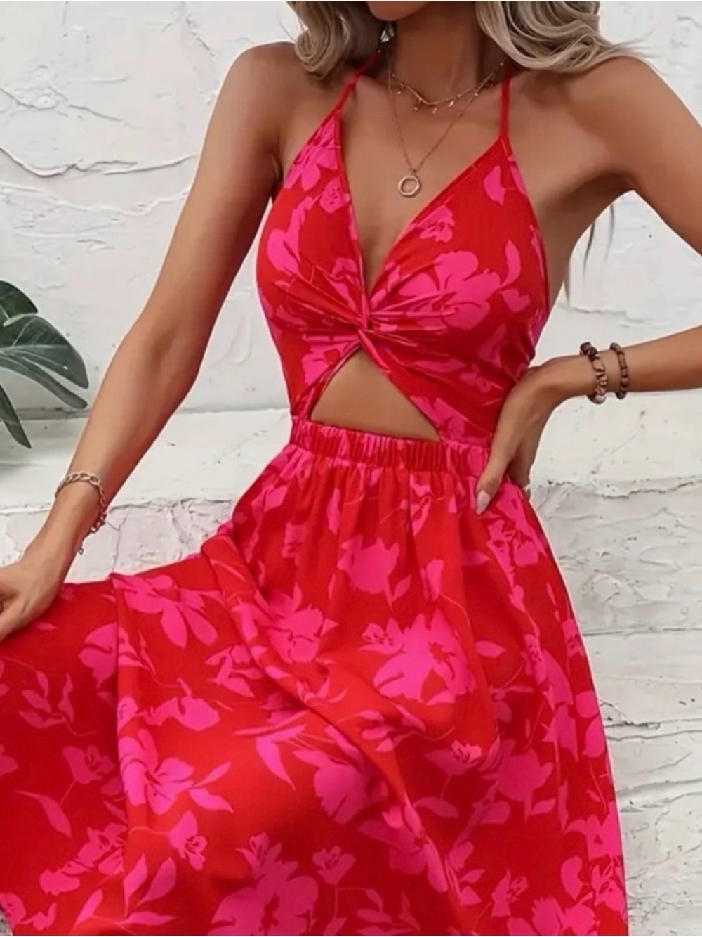 Red & Pink Floral Twist-Front Maxi Dress L